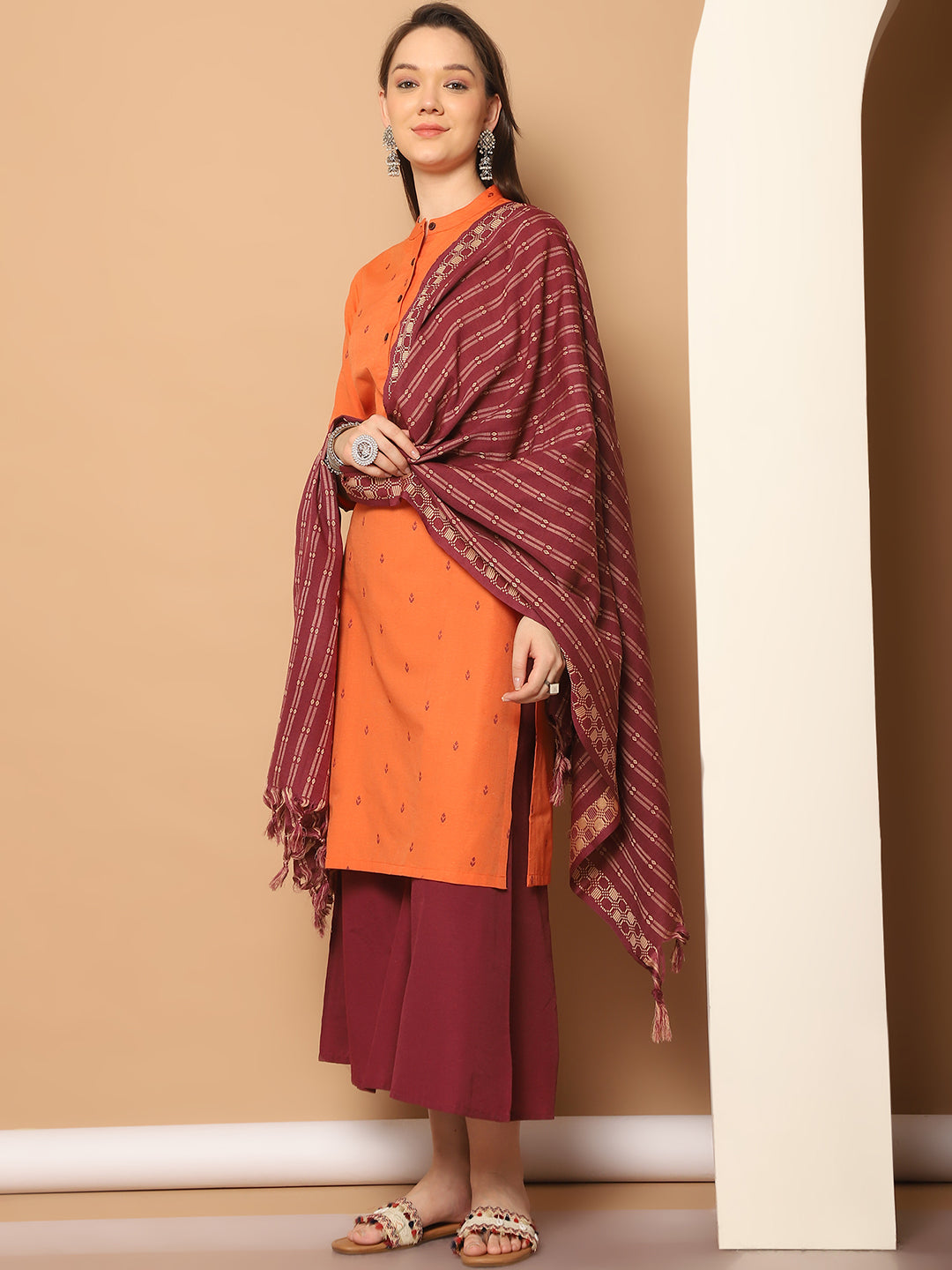 Women Woven Design Orange Kurta with Palazzos & With Dupatta ( JOKPL D51P 1555 Orange )