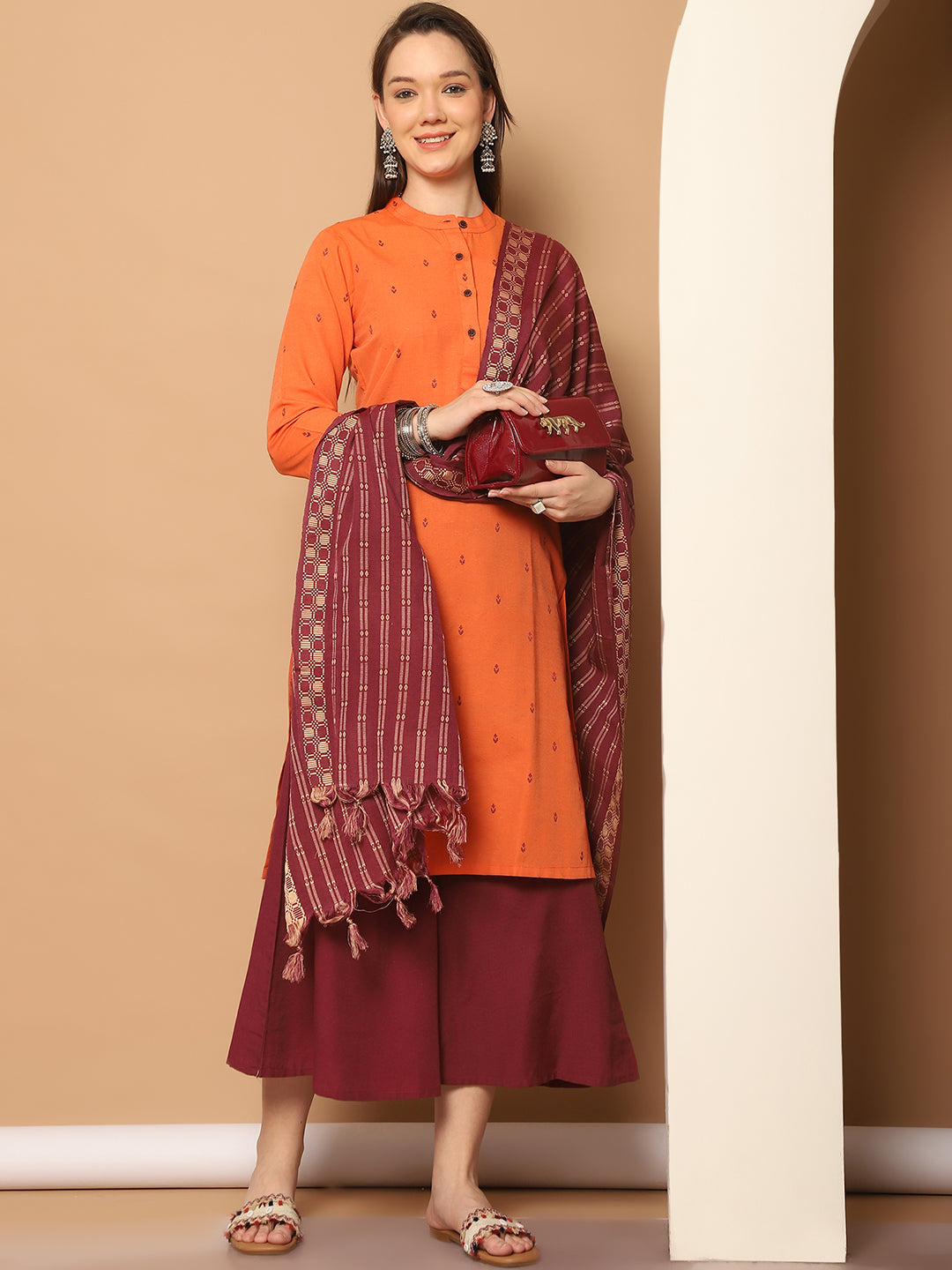 Women Woven Design Orange Kurta with Palazzos & With Dupatta ( JOKPL D51P 1555 Orange )