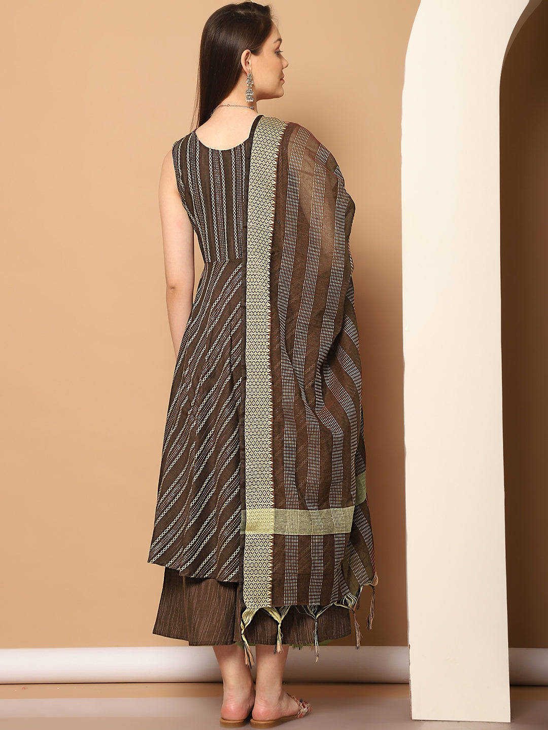 Woven Design flared kurta pallazos dupatta set