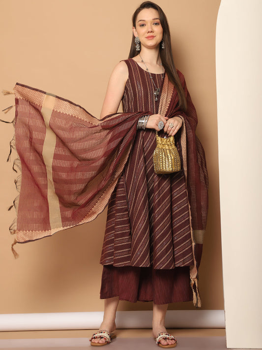 Women Woven Design Kantha Work Kurta with Palazzos & With Dupatta ( JOKPL D56M 1554 Maroon )