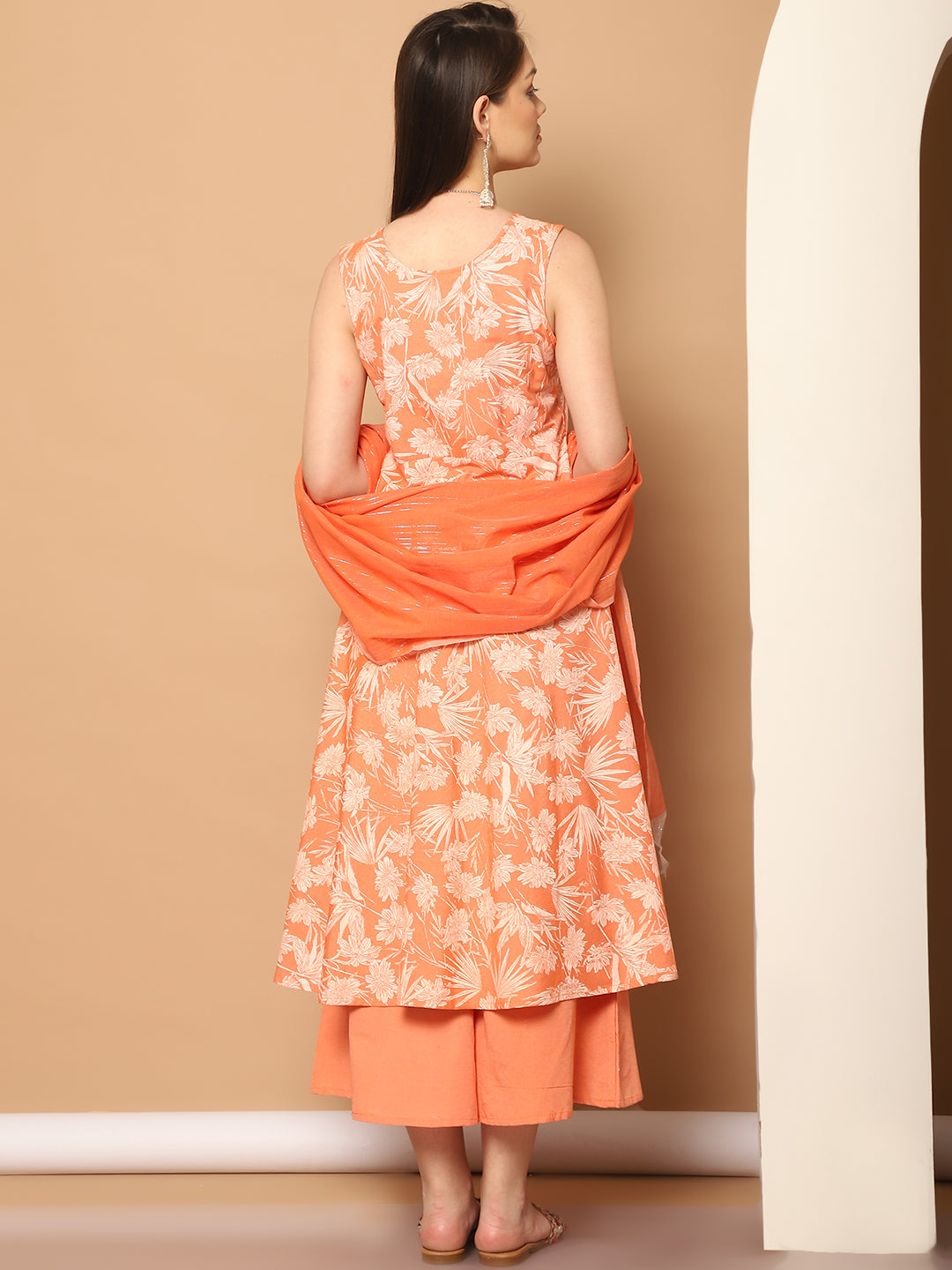 Printed orange flared kurta pallazos dupatta set ( JOKPL D56O 1546 Orange )