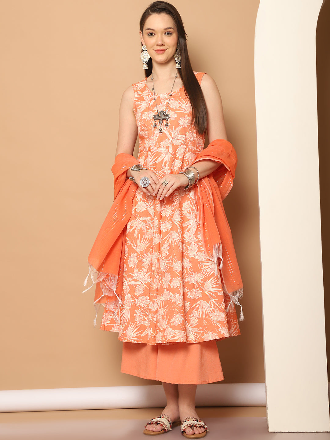 Printed orange flared kurta pallazos dupatta set ( JOKPL D56O 1546 Orange )