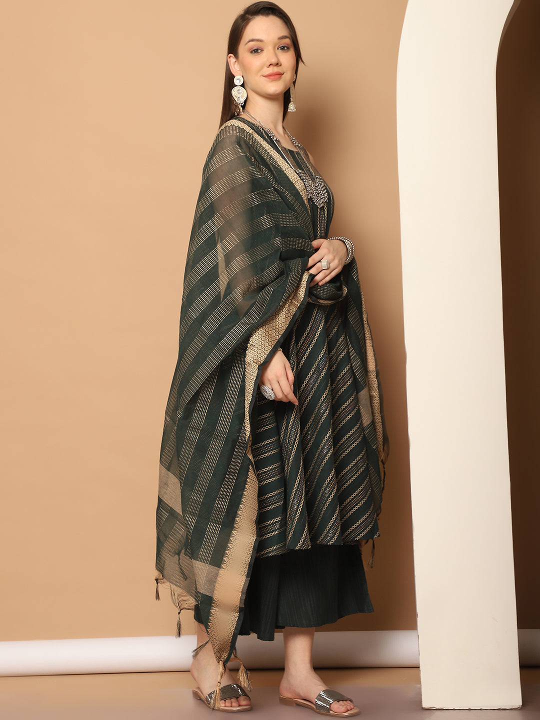 Women Olive Green Woven Design Kantha Work Kurta with Palazzos & With Dupatta ( JOKPL D56O 1554 Olive )