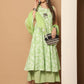 Printed green flared kurta pallazos dupatta set