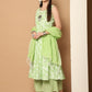 Printed green flared kurta pallazos dupatta set