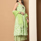 Printed green flared kurta pallazos dupatta set