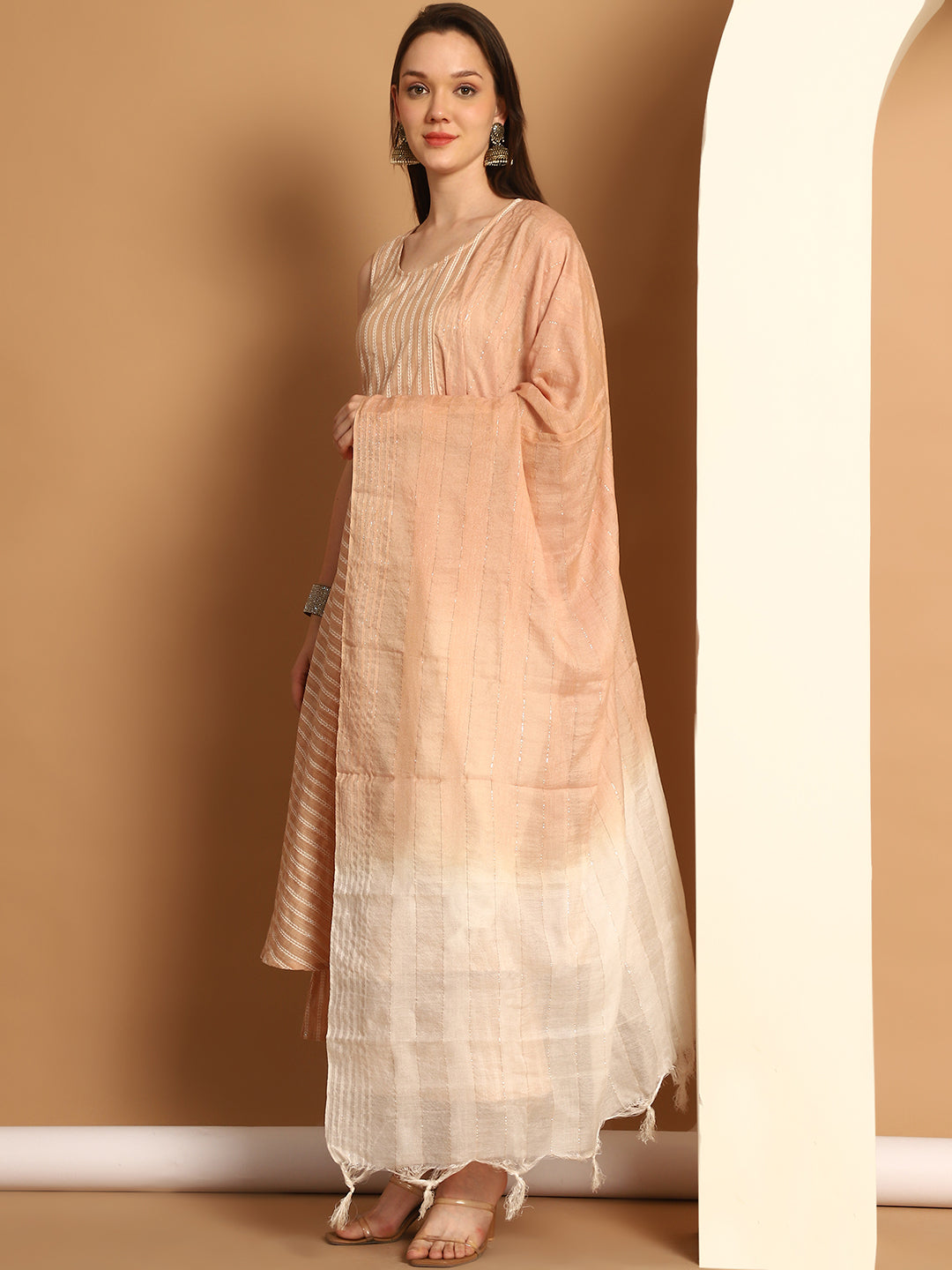 Women Brown Woven Design Flared Kurta with Palazzos & With Dupatta ( JOKPL D59BR 1553 Brown )