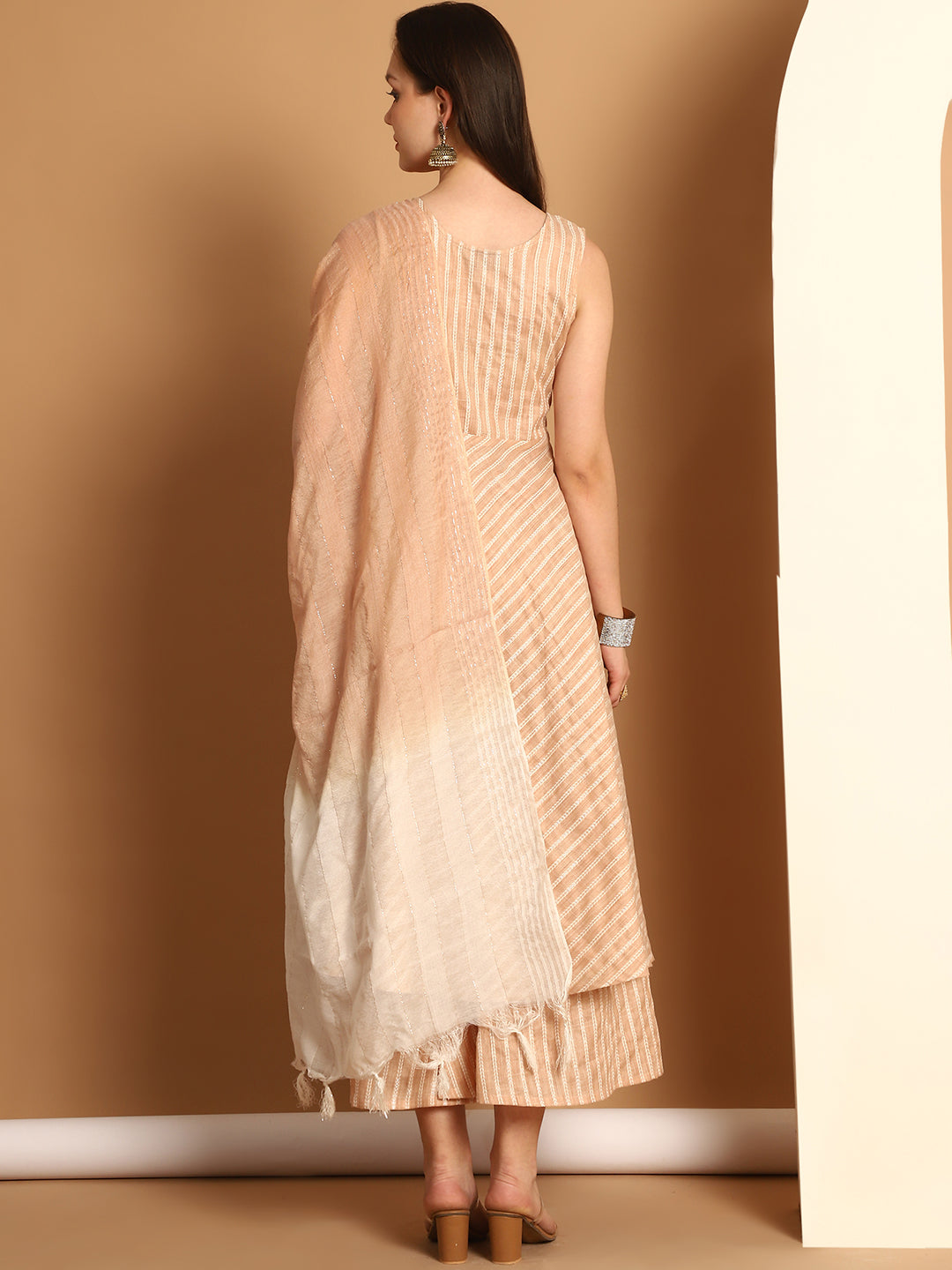 Women Brown Woven Design Flared Kurta with Palazzos & With Dupatta ( JOKPL D59BR 1553 Brown )