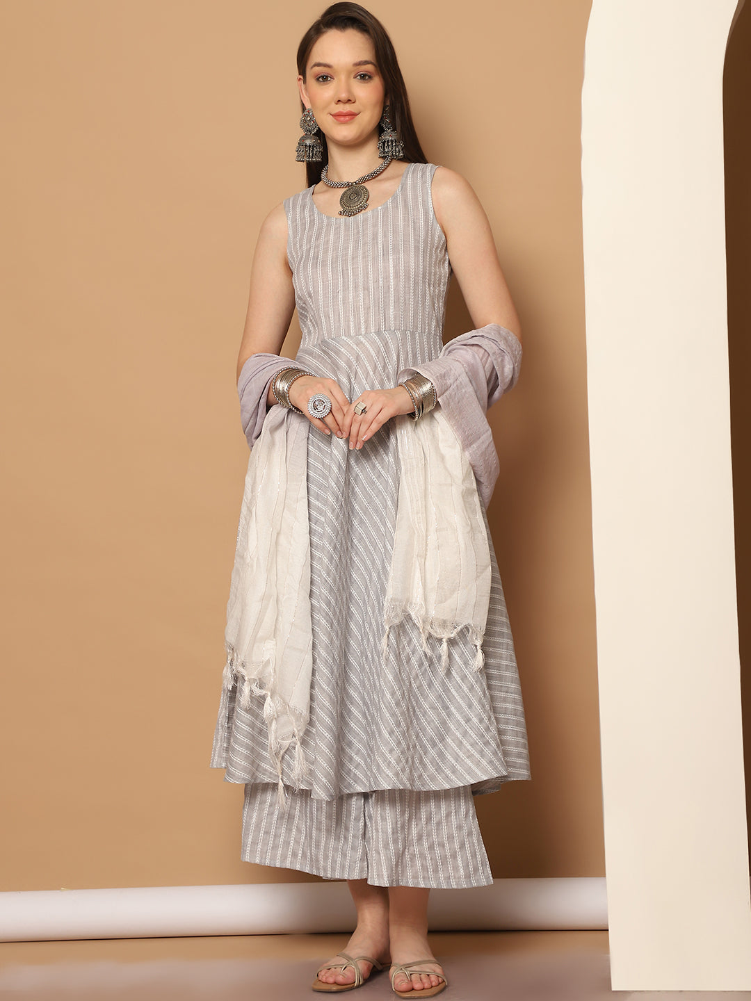 Women Grey Woven Design Flared Kurta with Palazzos & With Dupatta ( JOKPL D59GR 1553 Grey )