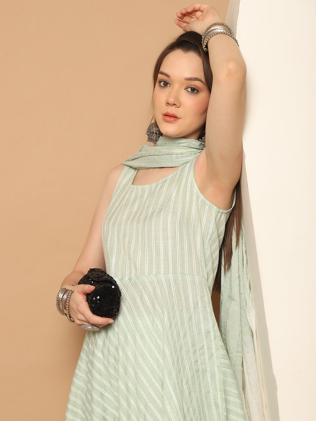 Women Green Woven Design Flared Kurta with Palazzos & With Dupatta ( JOKPL D59G 1553 Green )