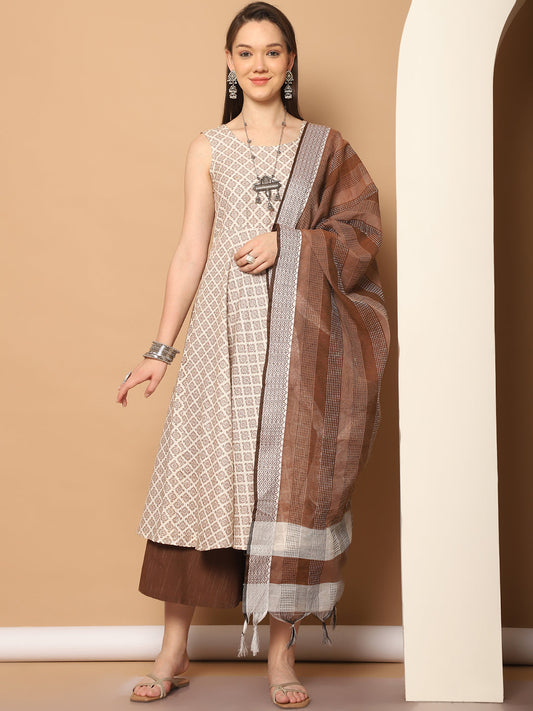 Women Brown Printed Kurta with Palazzos & With Kantha Work Dupatta ( JOKPL D61BR 1557 Brown )