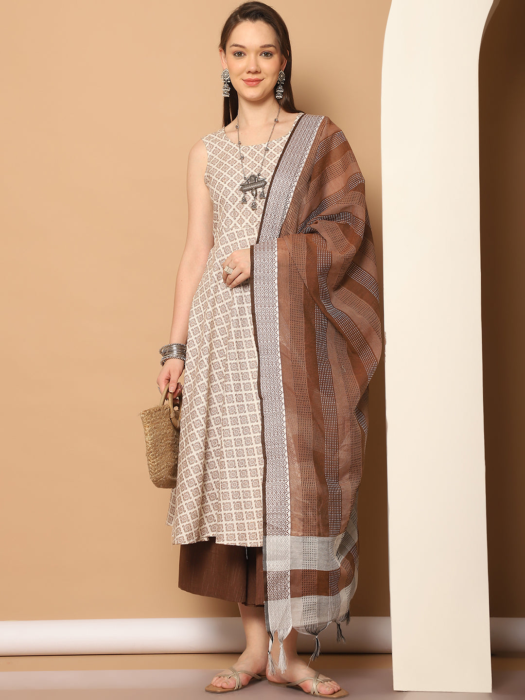 Women Brown Printed Kurta with Palazzos & With Kantha Work Dupatta ( JOKPL D61BR 1557 Brown )