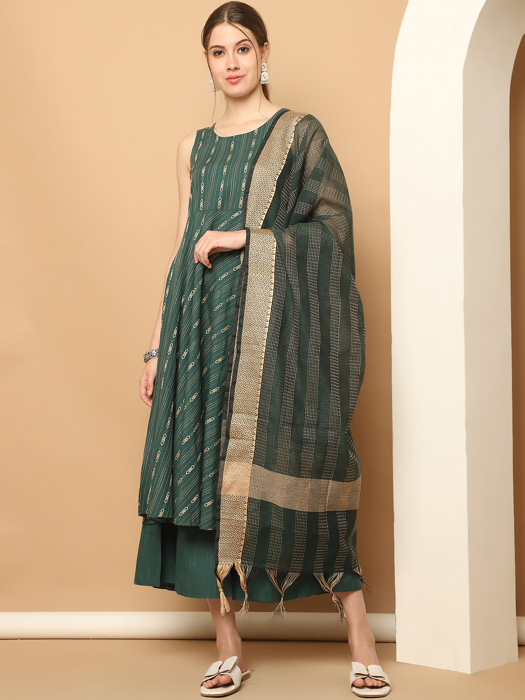 Green Woven Design Kantha Work Kurta with Palazzos & With Dupatta ( JOKPL D61O 1566 Olive )