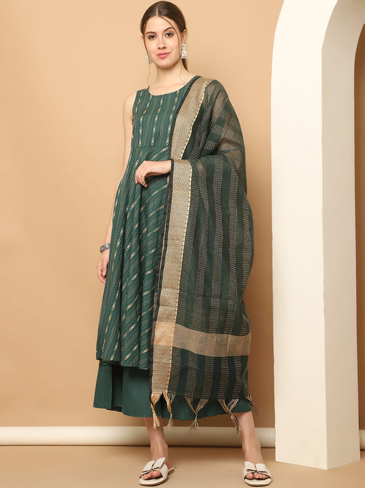 Green Woven Design Kantha Work Kurta with Palazzos & With Dupatta ( JOKPL D61O 1566 Olive )