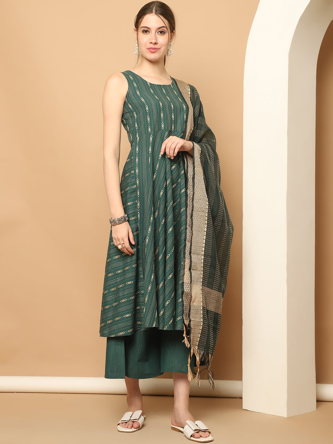 Green Woven Design Kantha Work Kurta with Palazzos & With Dupatta ( JOKPL D61O 1566 Olive )