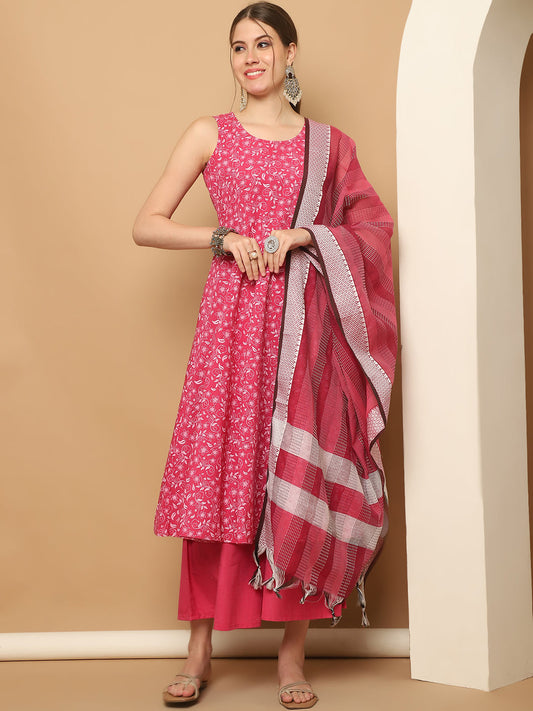 Printed pink flared kurta pallazos dupatta set ( JOKPL D61P 1565 Pink )