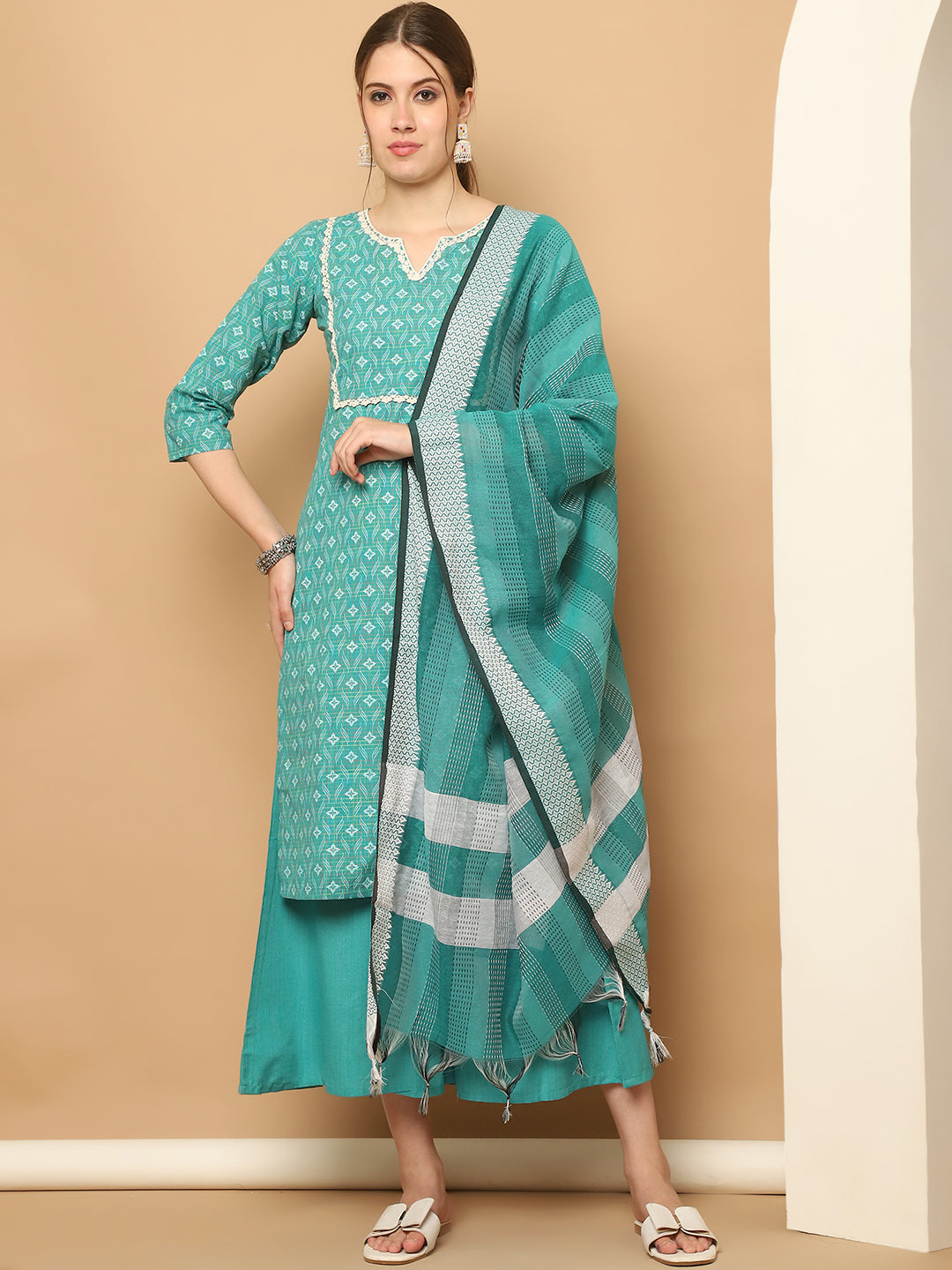 Printed green kurta with lace work, pallazos dupatta set ( JOKPL D61RA 1562 Rama )