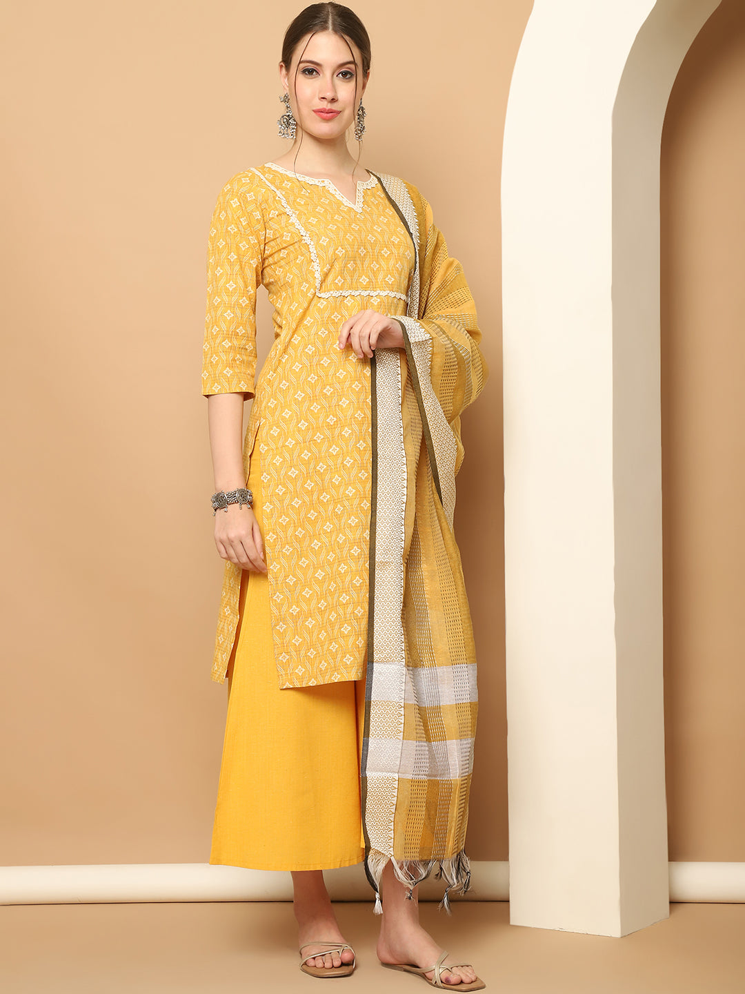 Printed yellow kurta with lace work, pallazos dupatta set ( JOKPL D61Y 1562 Yellow )