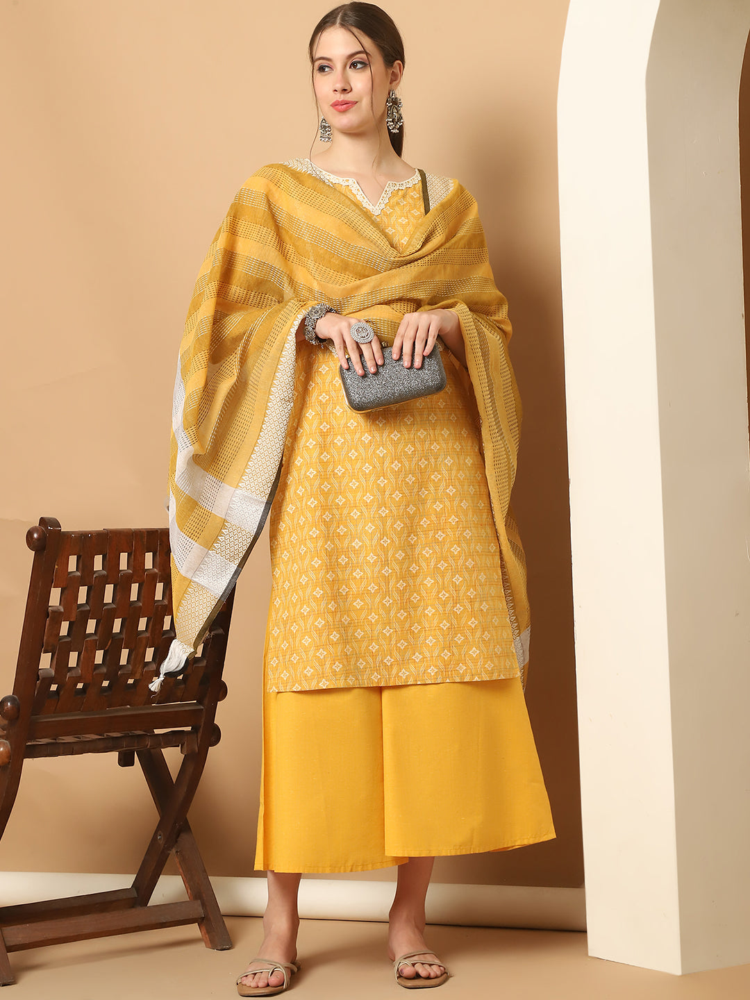 Printed yellow kurta with lace work, pallazos dupatta set ( JOKPL D61Y 1562 Yellow )