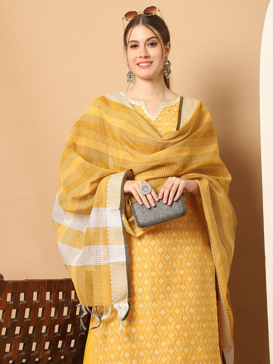 Printed yellow kurta with lace work, pallazos dupatta set ( JOKPL D61Y 1562 Yellow )