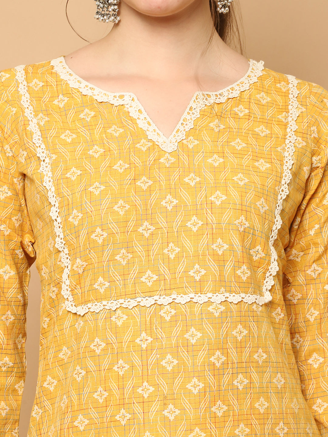 Printed yellow kurta with lace work, pallazos dupatta set ( JOKPL D61Y 1562 Yellow )