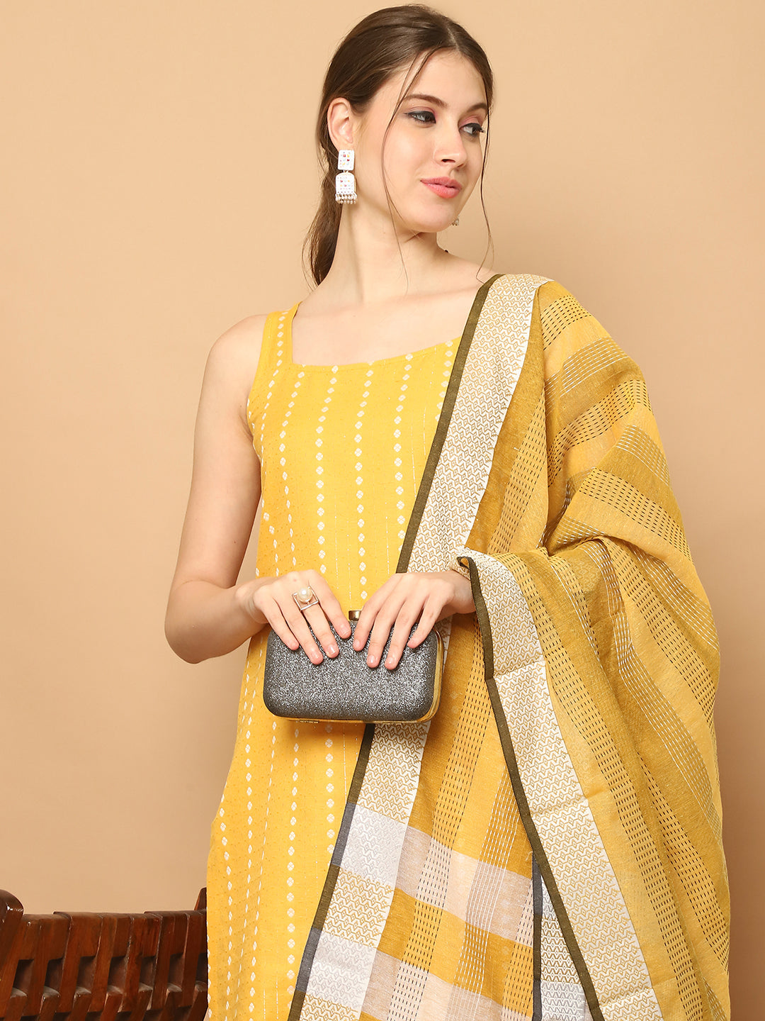 Yellow Dobby Kurta with pallazos dupatta set ( JOKPL D61Y 1563 Yellow )