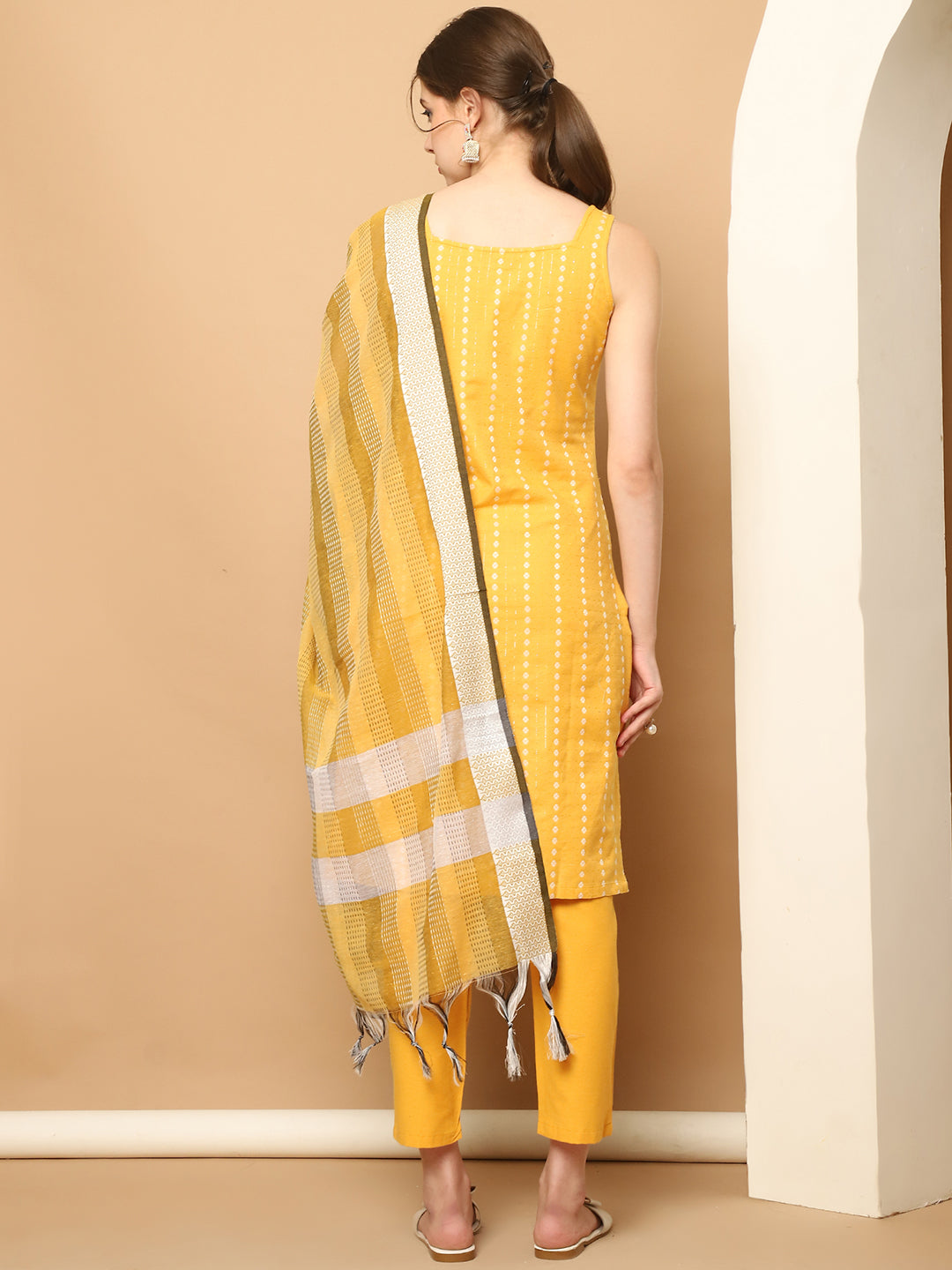 Yellow Dobby Kurta with pallazos dupatta set ( JOKPL D61Y 1563 Yellow )