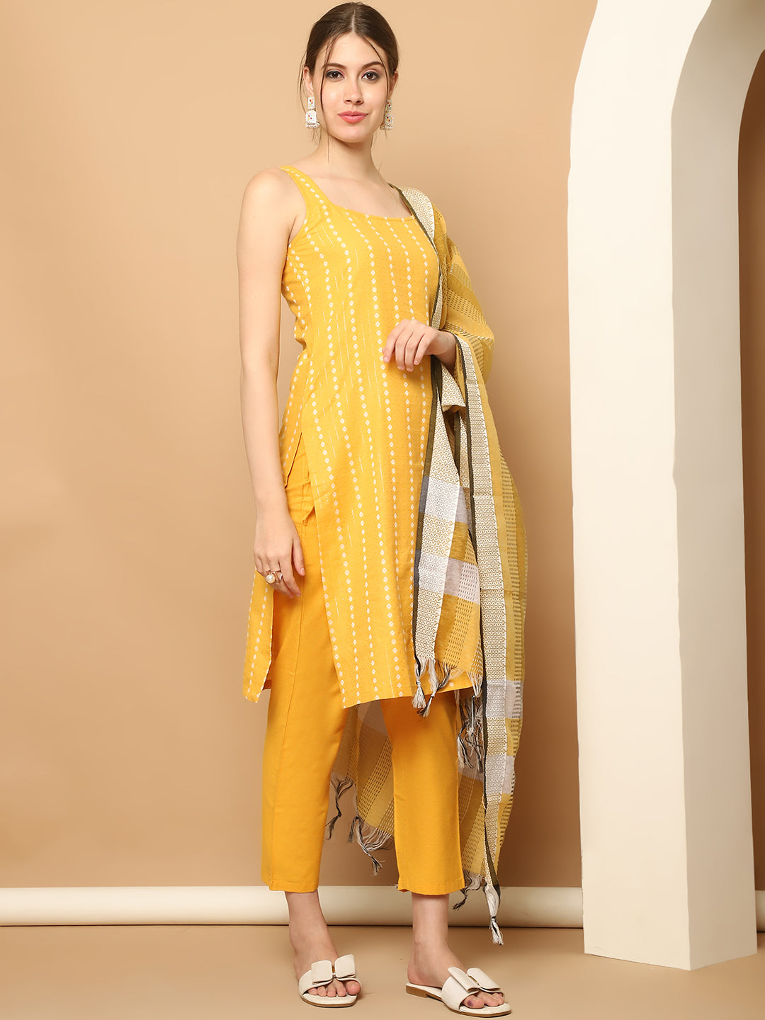 Yellow Dobby Kurta with pallazos dupatta set ( JOKPL D61Y 1563 Yellow )