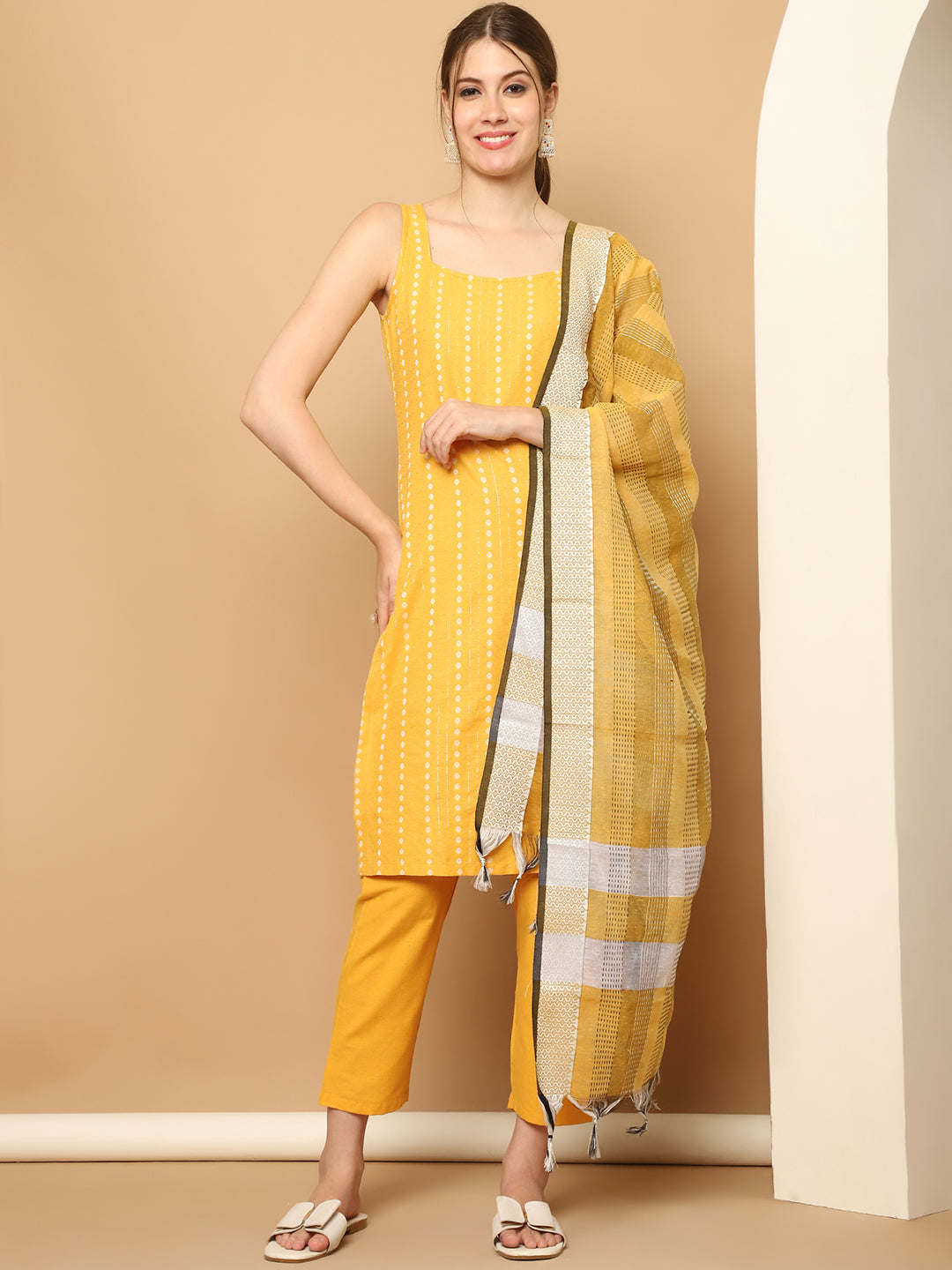 Yellow Dobby Kurta with pallazos dupatta set ( JOKPL D61Y 1563 Yellow )