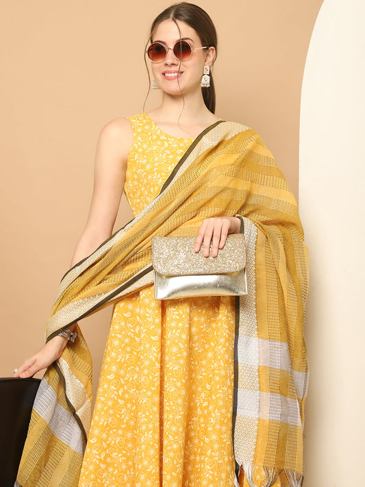 Printed yellow flared kurta pallazos dupatta set ( JOKPL D61Y 1565 Yellow )