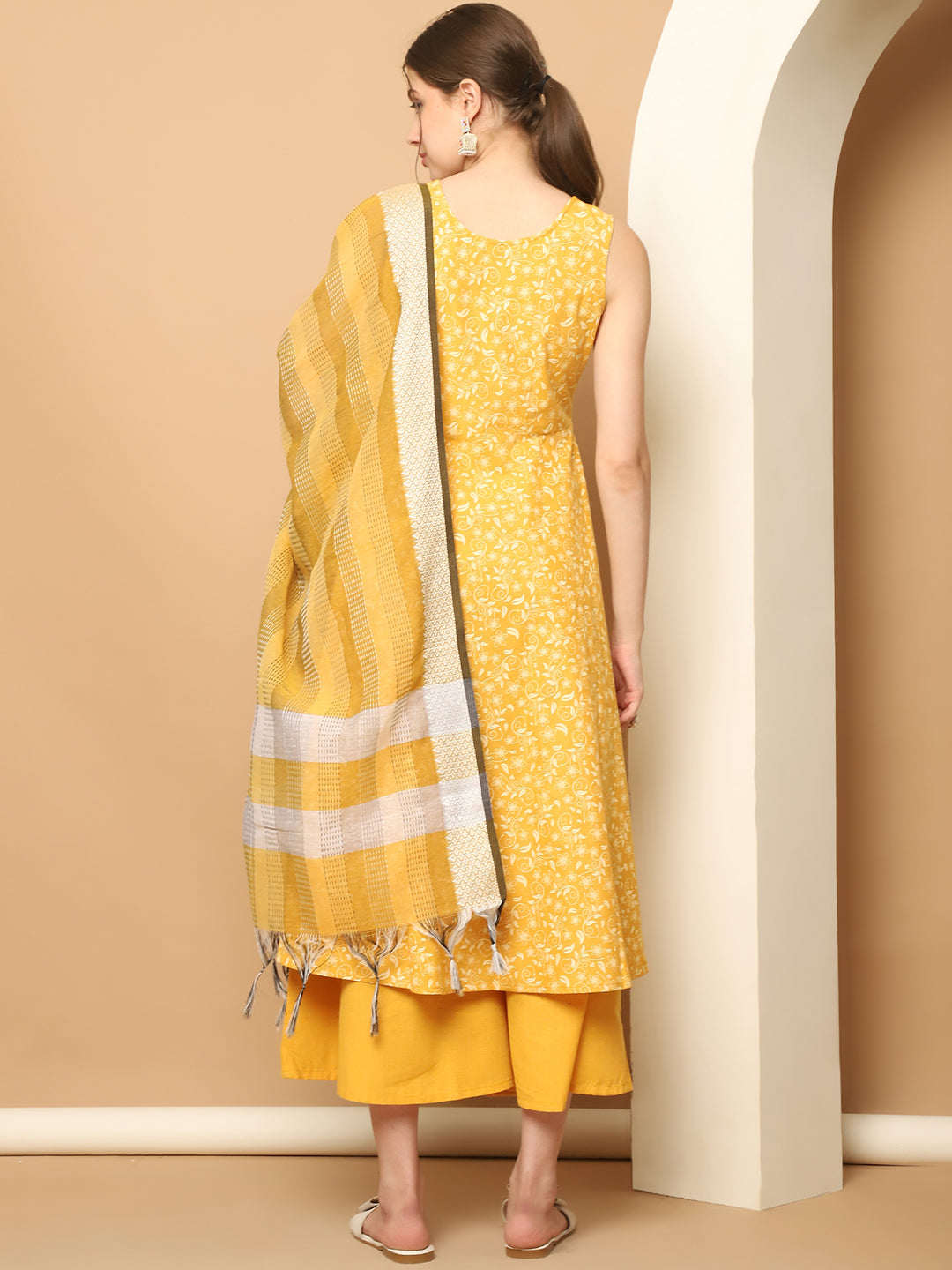 Printed yellow flared kurta pallazos dupatta set ( JOKPL D61Y 1565 Yellow )