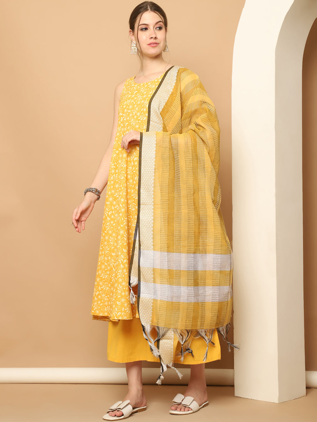 Printed yellow flared kurta pallazos dupatta set ( JOKPL D61Y 1565 Yellow )