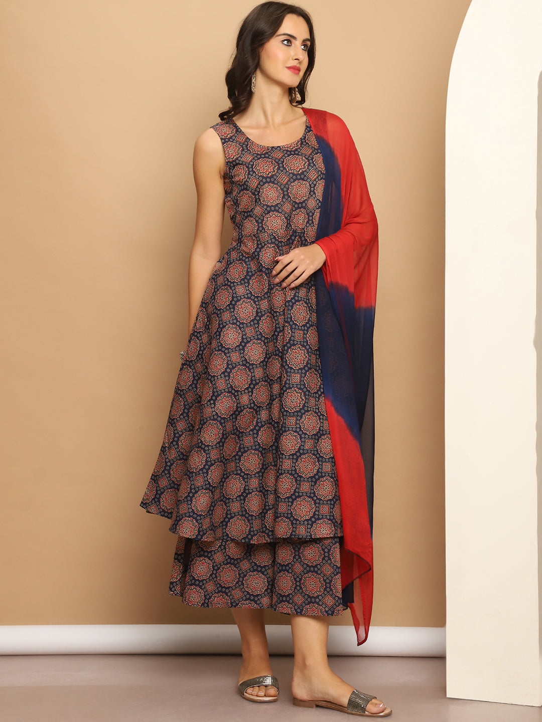 Printed flared kurta pallazos dupatta set