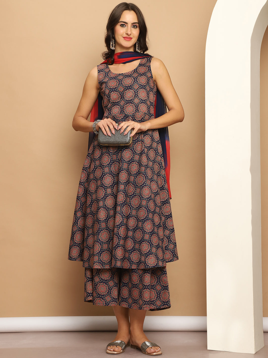 Printed flared kurta pallazos dupatta set