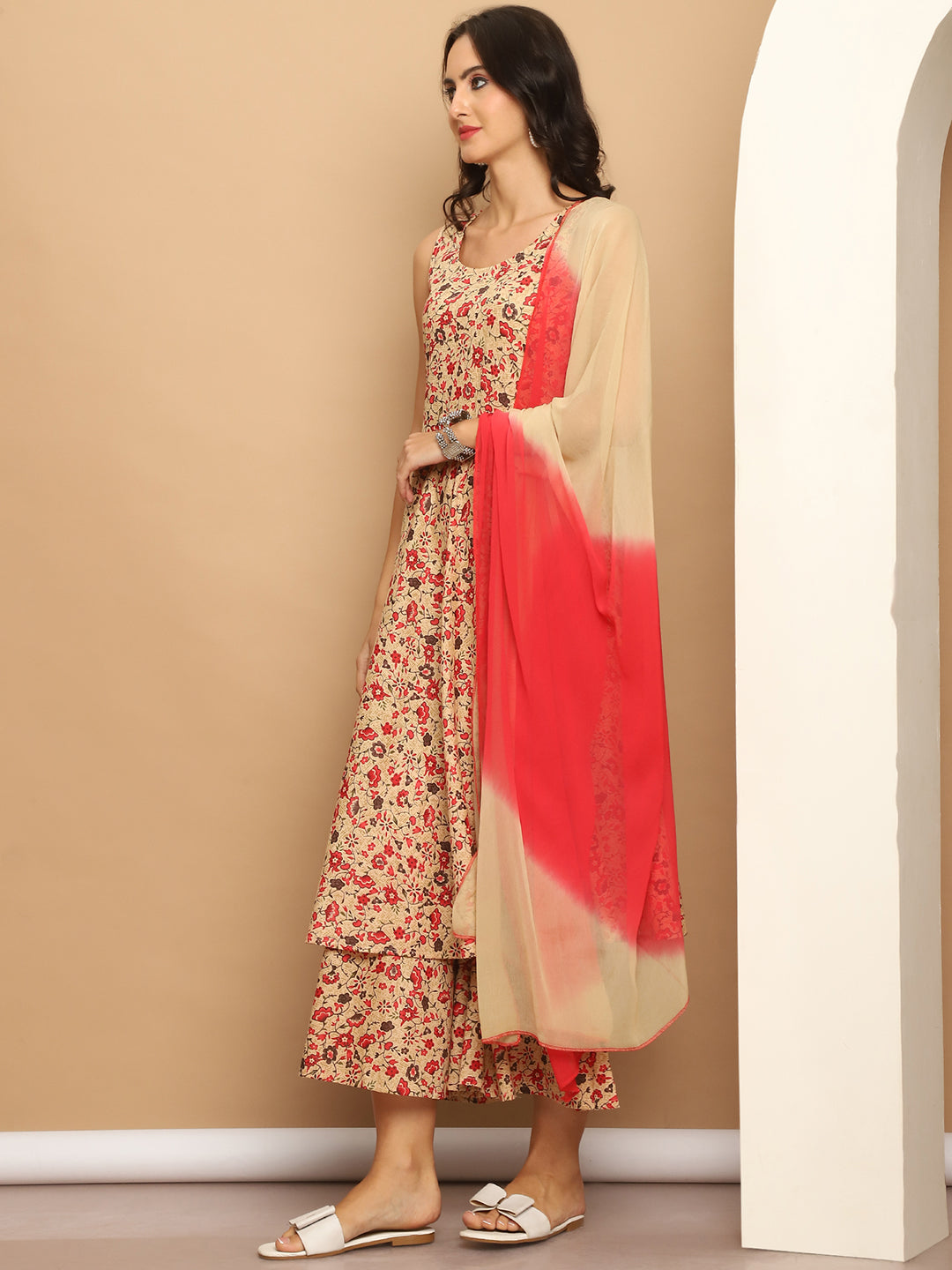 Printed flared kurta pallazos dupatta set