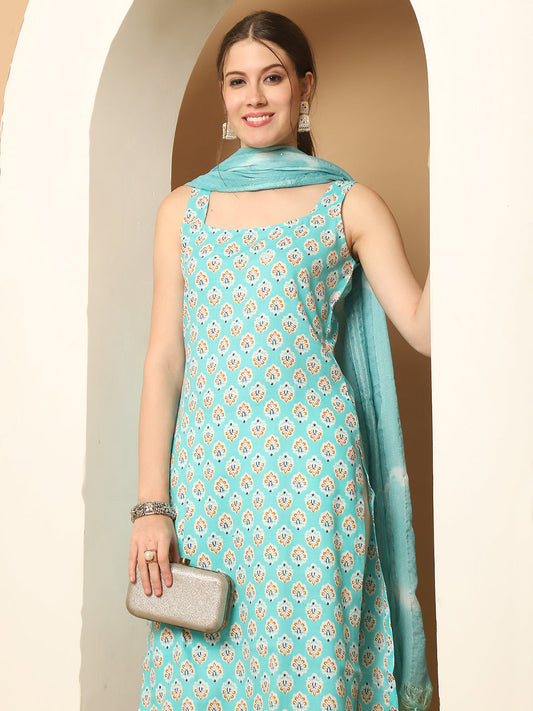 Blue printedKurta with pallazos dupatta set ( JOKPL D64B 1563 Blue )
