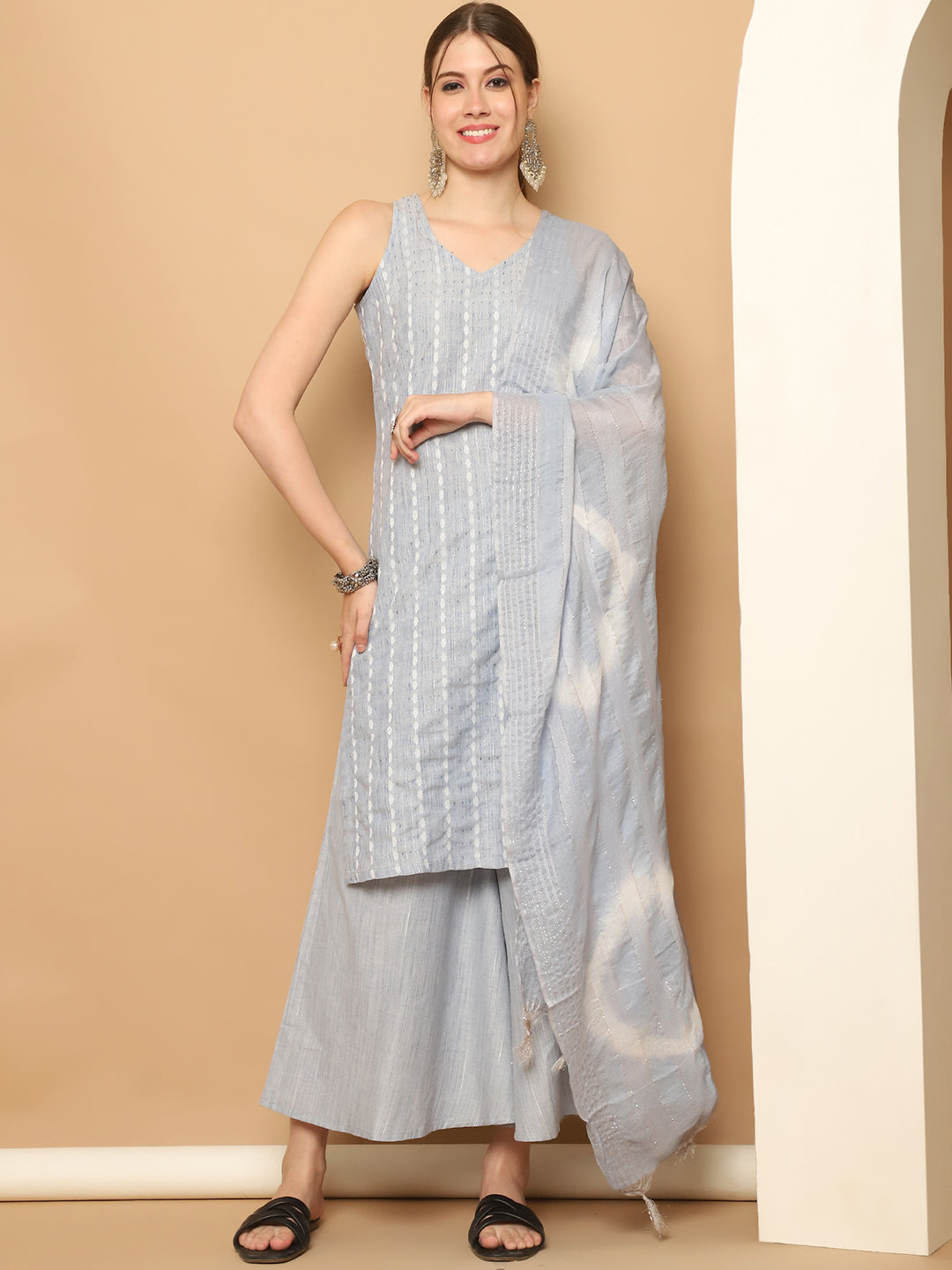 Dobby Blue Kurta with Palazzos & With Dupatta ( JOKPL D64S 1561 Sky )