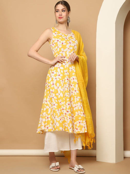 Printed yellow flowers flared kurta pallazos dupatta set ( JOKPL D64Y 1564 Yellow )