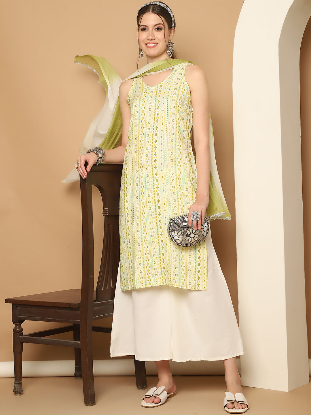 Printed Green Rayon Kurta with Palazzos & With Dupatta ( JOKPL D65G 1561 Green )