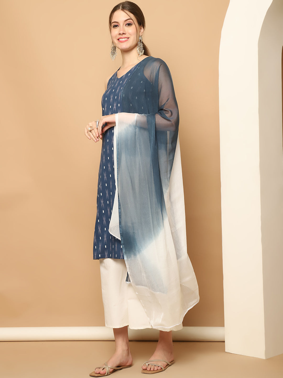 Printed Navy Blue Cotton Kurta with Palazzos & With Dupatta ( JOKPL D65N 1561 Navy )