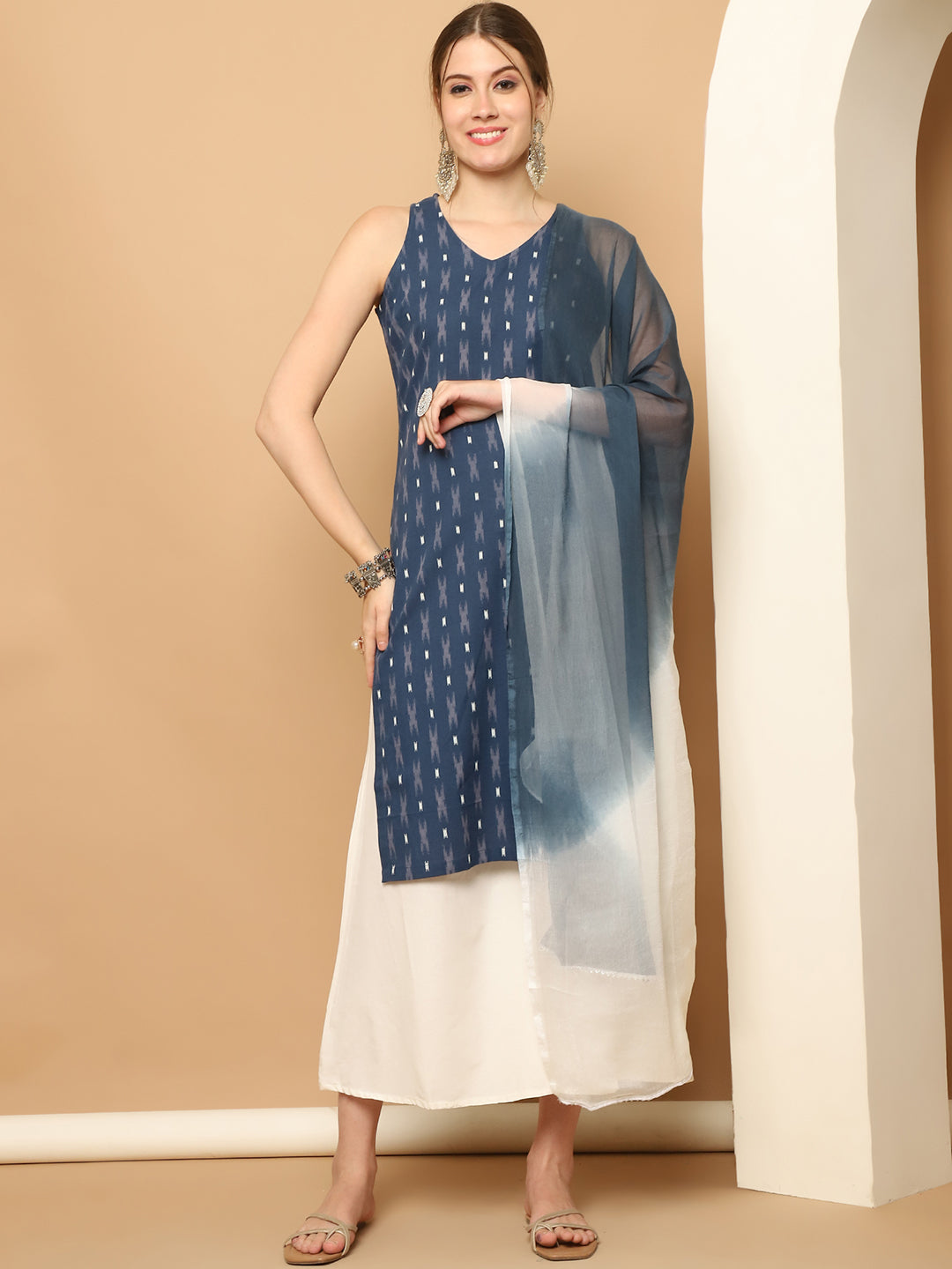 Printed Navy Blue Cotton Kurta with Palazzos & With Dupatta ( JOKPL D65N 1561 Navy )