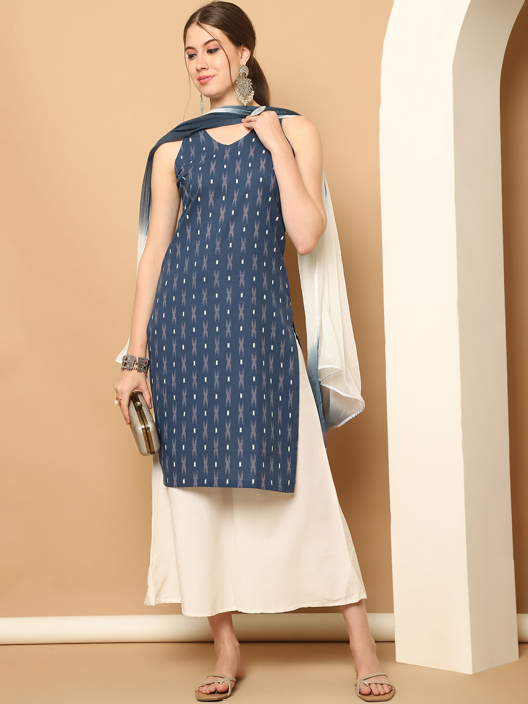 Printed Navy Blue Cotton Kurta with Palazzos & With Dupatta ( JOKPL D65N 1561 Navy )