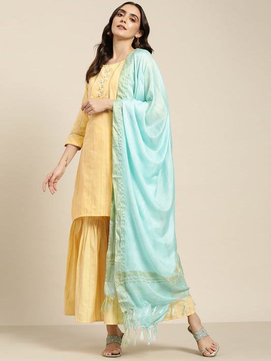 Women Yellow Woven Design Gotta Patti Kurta with Sharara & Dupatta ( JOKPS D20F 1438 Yellow )