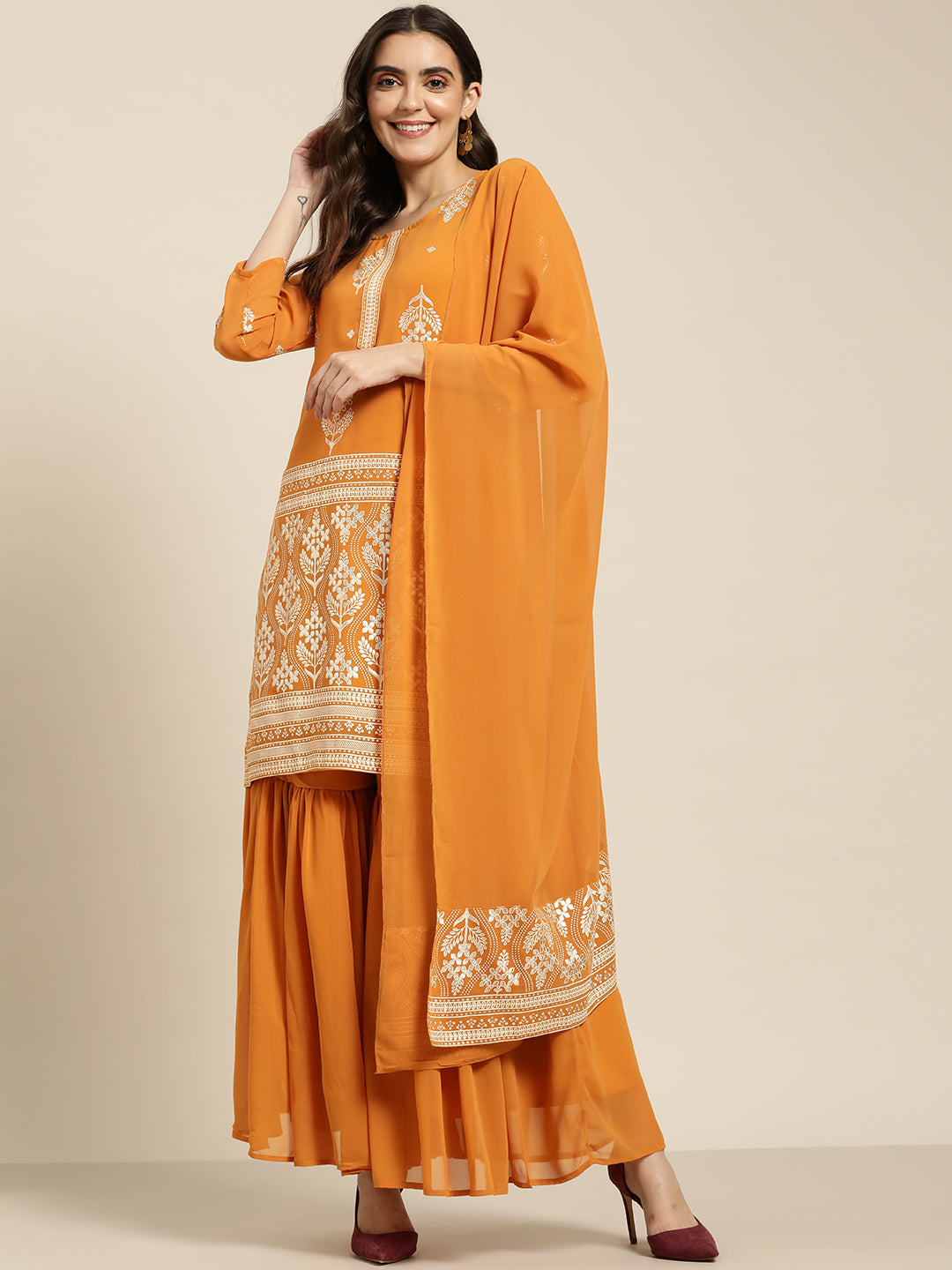 Women Orange & Silver Ethnic Motifs Foil Printed Straight Kurta Sharara Dupatta