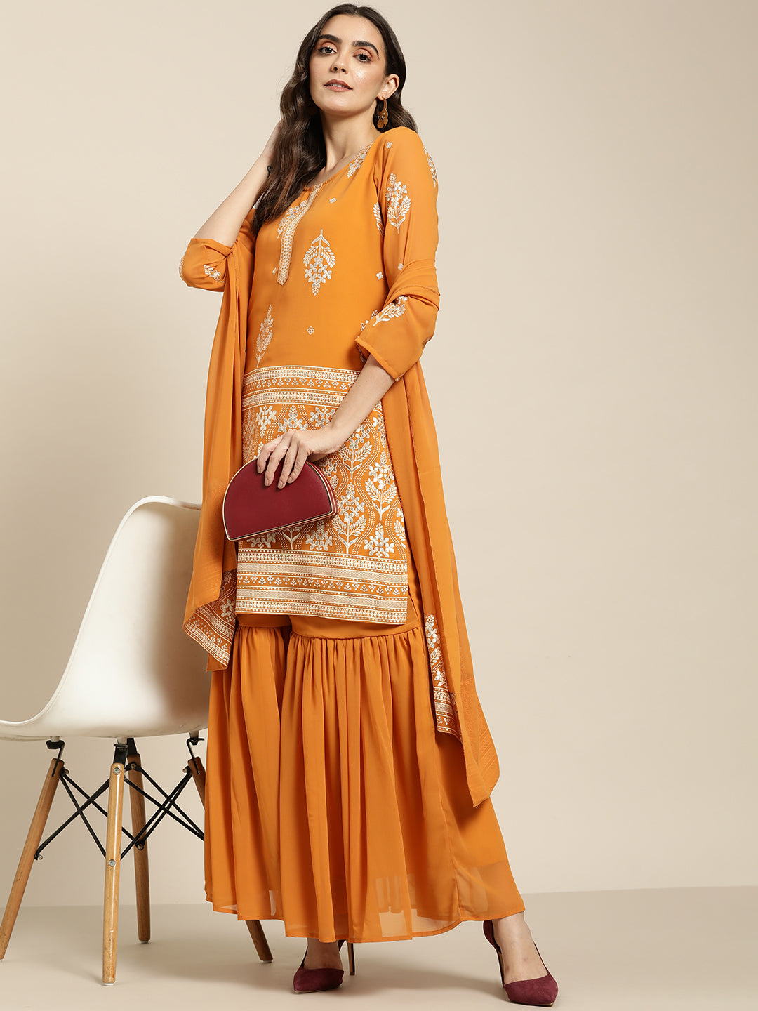 Women Orange & Silver Ethnic Motifs Foil Printed Straight Kurta Sharara Dupatta