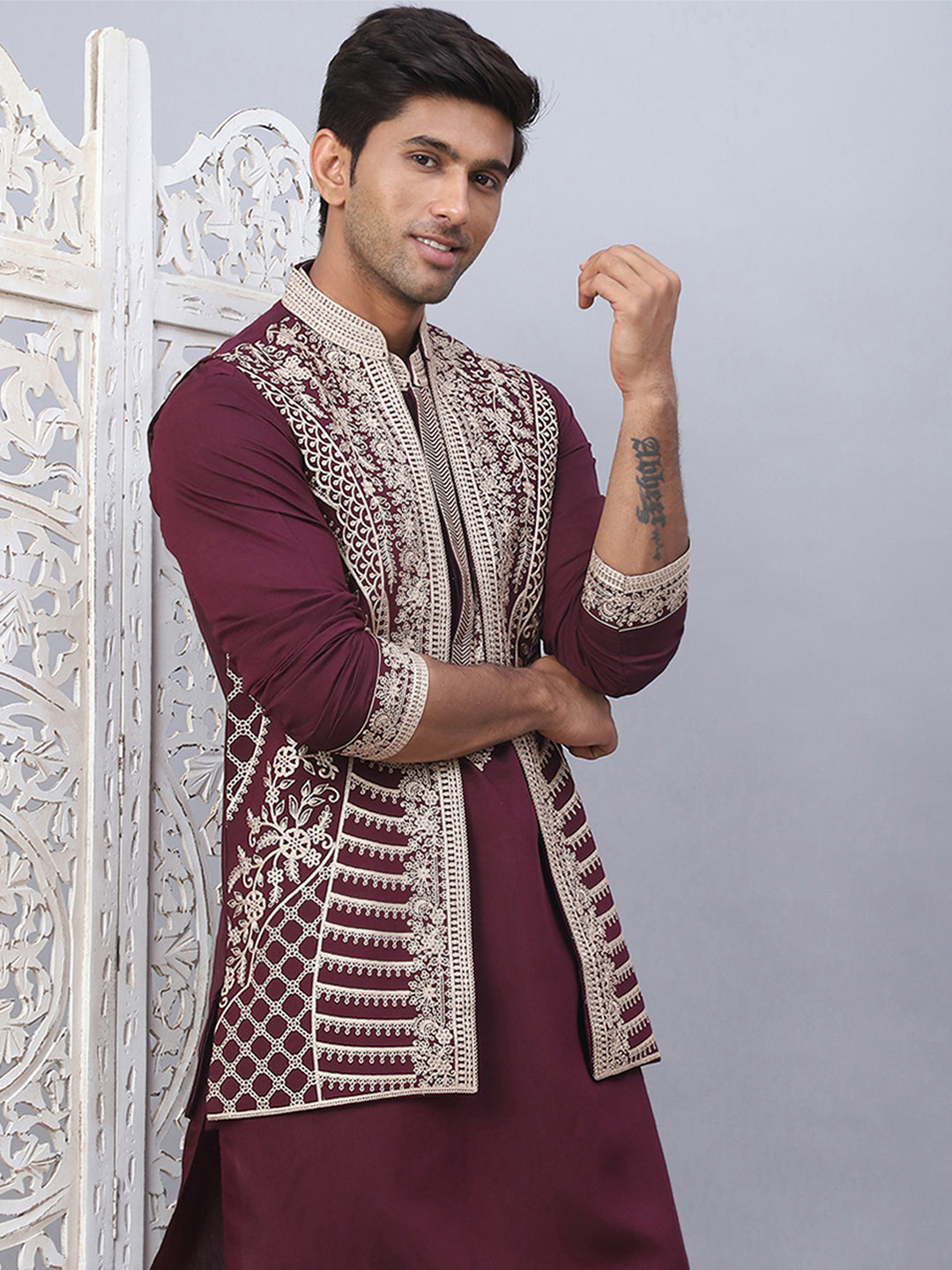 Men's Embroidered Waistcoat and Kurta Pyjama. ( JOKPWCS W 5054Maroon )