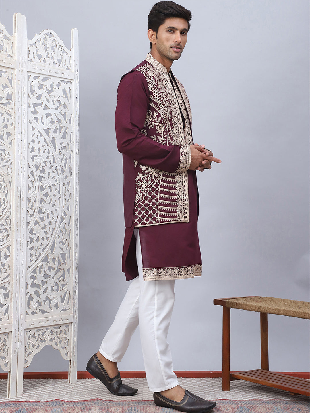 Men's Embroidered Waistcoat and Kurta Pyjama. ( JOKPWCS W 5054Maroon )
