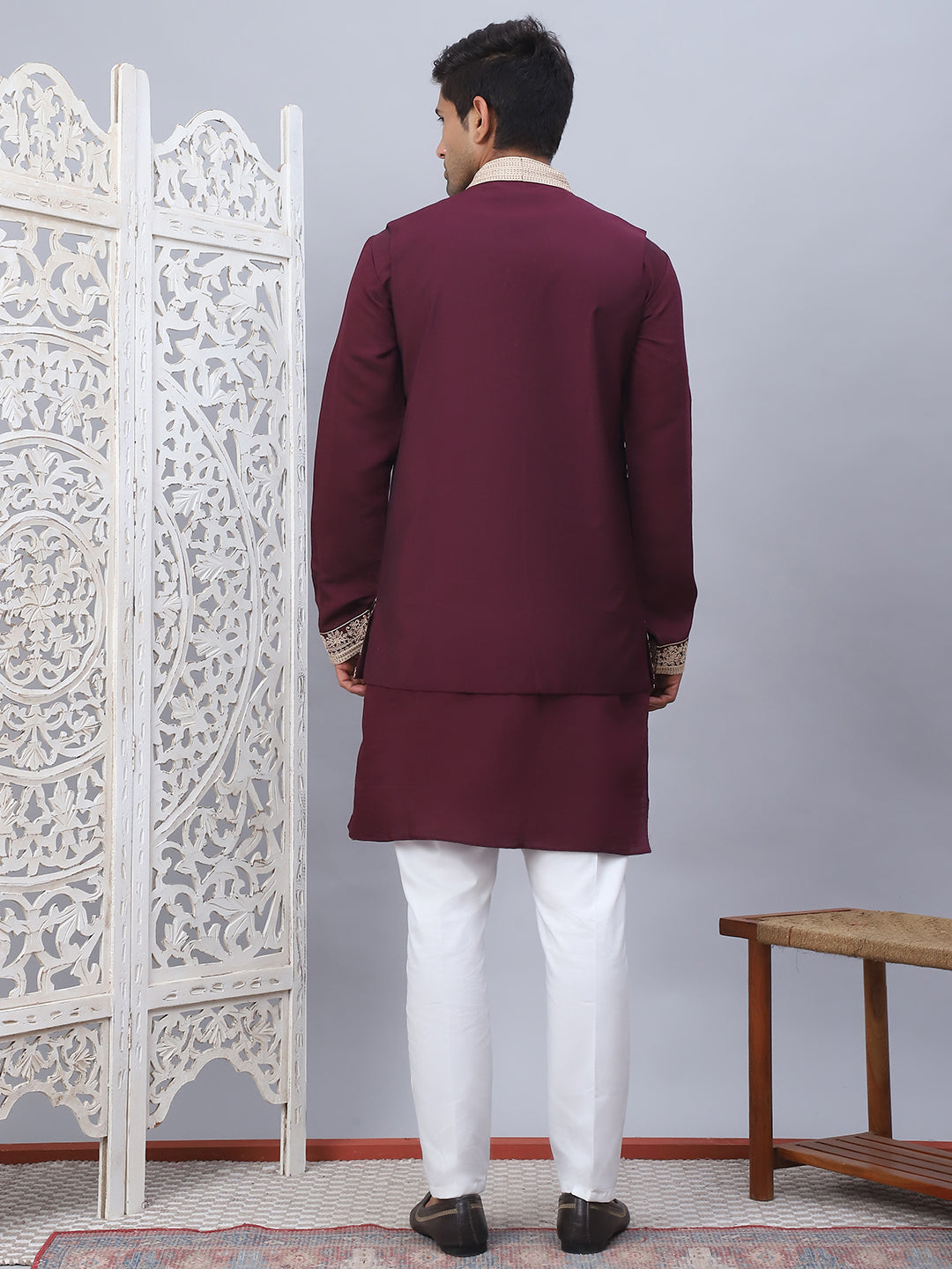 Men's Embroidered Waistcoat and Kurta Pyjama. ( JOKPWCS W 5054Maroon )