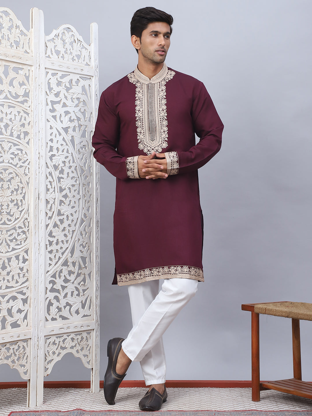Men's Embroidered Waistcoat and Kurta Pyjama. ( JOKPWCS W 5054Maroon )