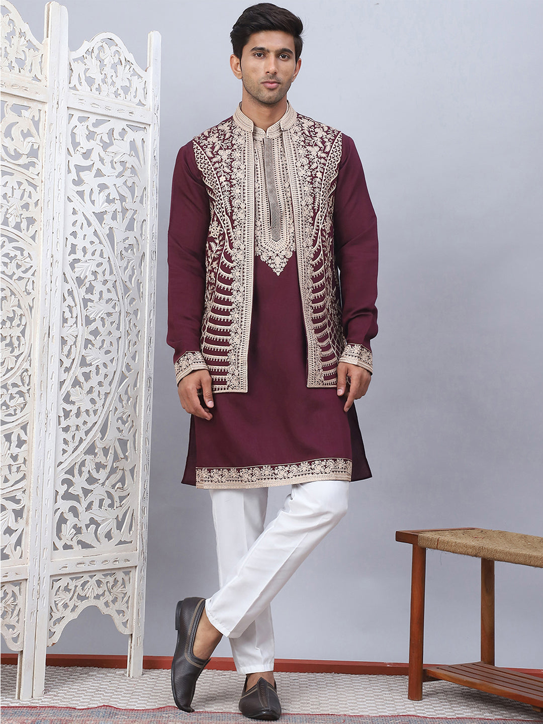 Men's Embroidered Waistcoat and Kurta Pyjama. ( JOKPWCS W 5054Maroon )